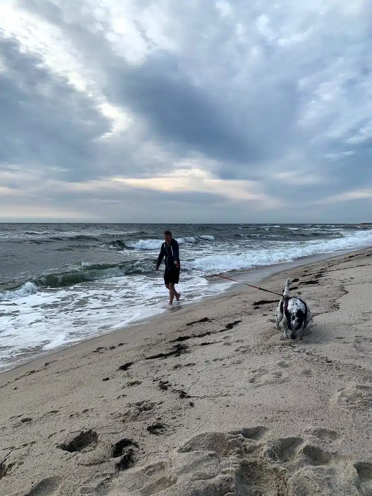 Mężczyzna z czarno-białym psem na smyczy idzie brzegiem piaszczystej plaży, nad wzburzonym morzem pochmurne niebo